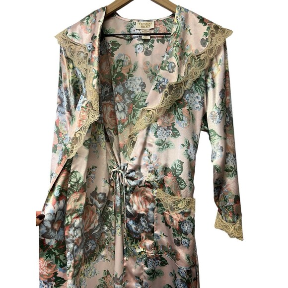 VICTORIA'S SECRET Vintage 90s Gold Label Long Satin Robe Belted Floral Lace SM - Picture 6 of 12